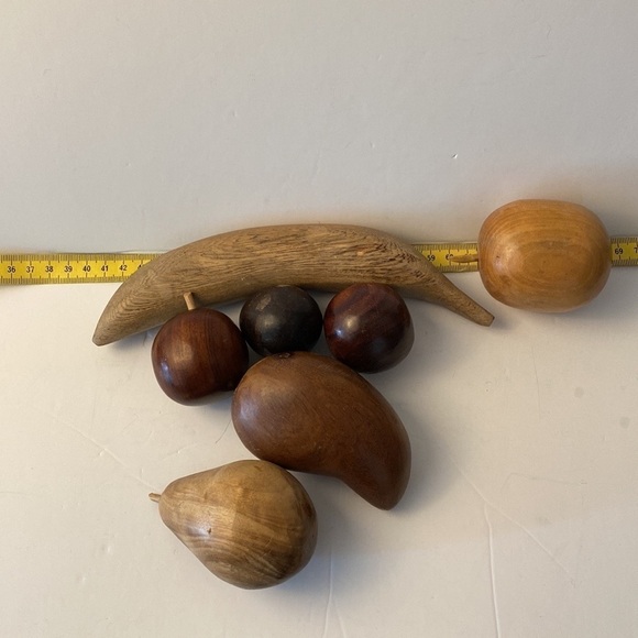WOODEN fruit set 7 pieces banana apple mango plum apricot pear brown tones - Picture 7 of 7